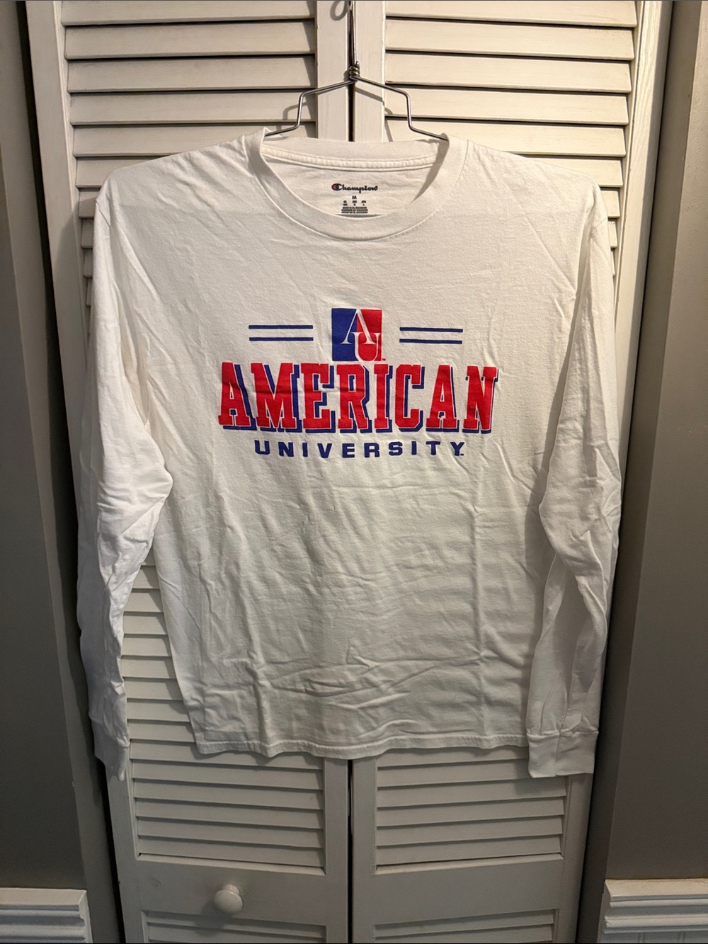 Champion White Long Sleeve American University Graphic Tee with Red & Blue Logo